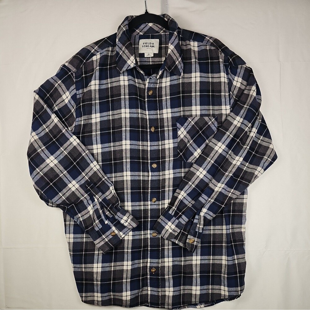 Field & Stream mens plaid flannel button down long sleeve shirt - blue gray XL